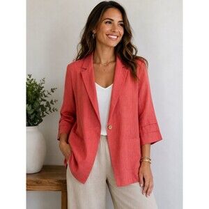 Ellen Tracy Coral Linen Blend Blazer Jacket Women Medium 3/4 Roll Tab Sleeve NWT